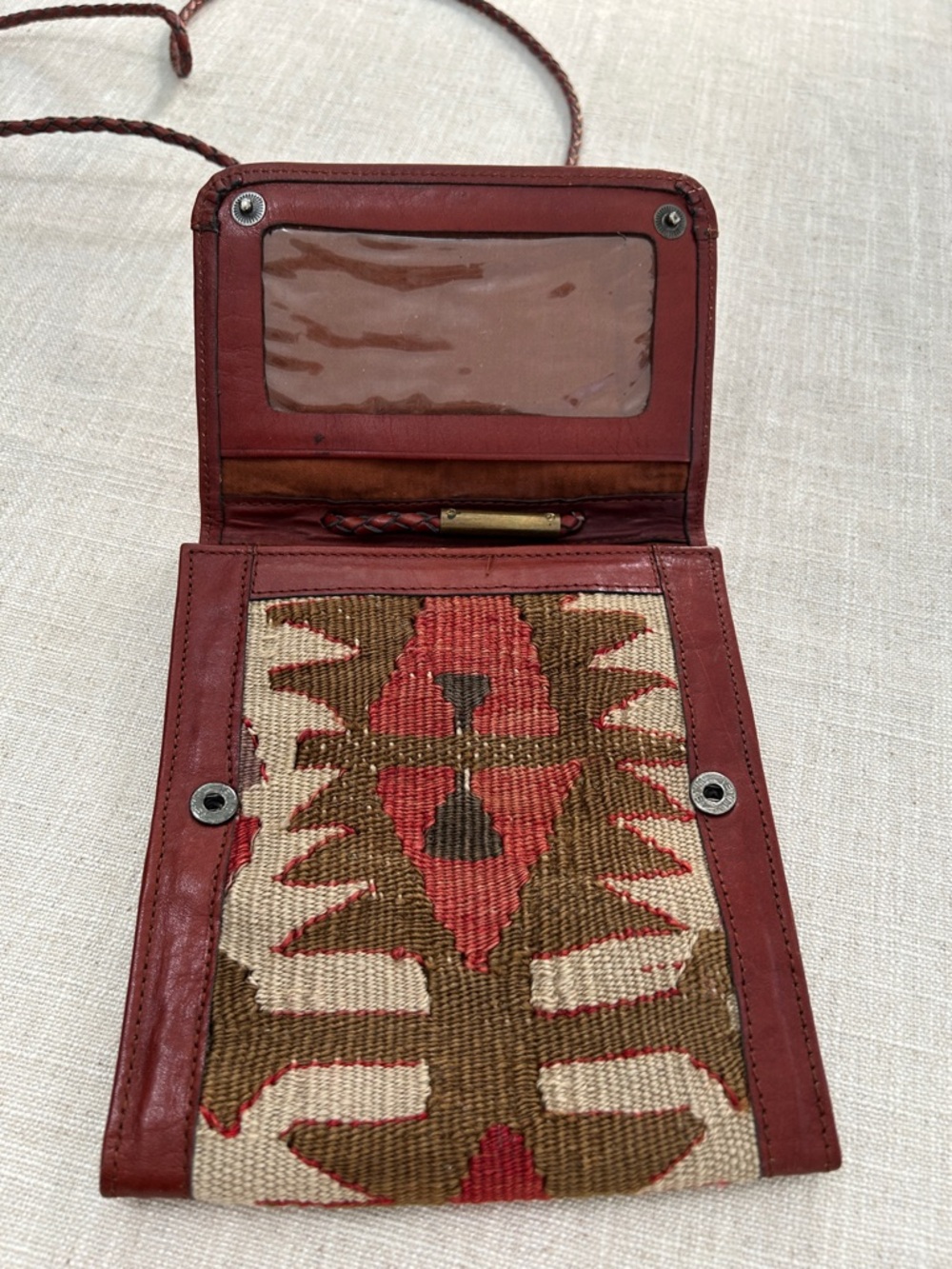 Moroccan Leather Crossbody Wallet Woven Festival Bag in Red and Brown - Picture 6 of 16